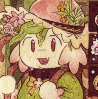 2023 watercolor illustration. a depiction of a fake in-game store, such as in a mobile RPG. the title at the top reads 'apothecary.' a furry shopkeeper is addressing the viewer, asking, 'can I get you anything else?' the viewer is browsing her inventory, and selecting a flower called a 'pink pearl,' which reads, 'restores 10 MP.'